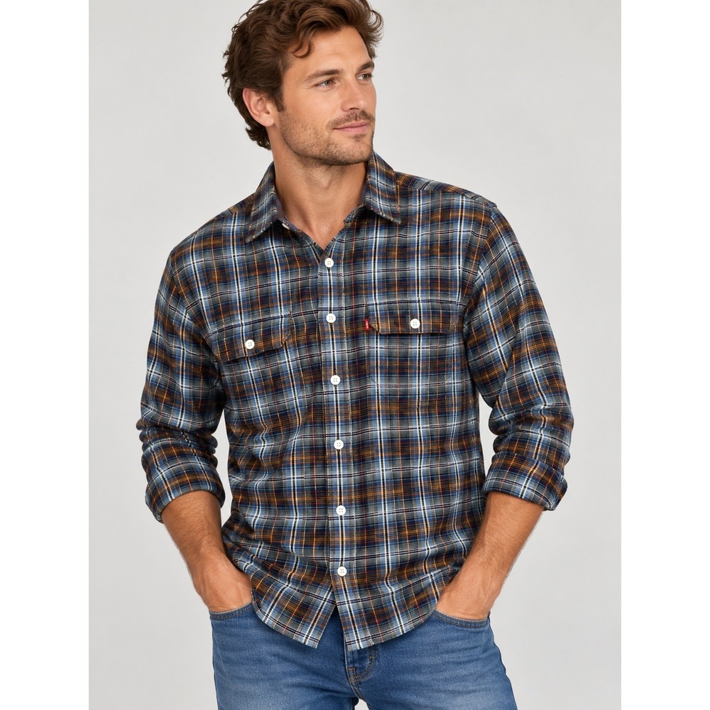 Levis Plaid Flannel Shirt Mens Medium Western Grunge Workwear Blue Brown New